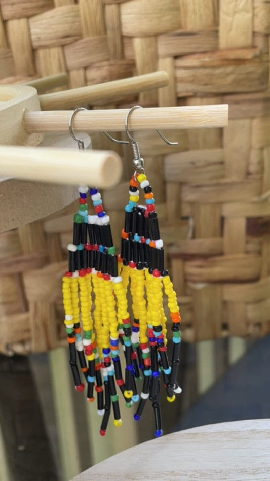 Handmade vintage beadwork dangle earrings - yellow, black and rainbow