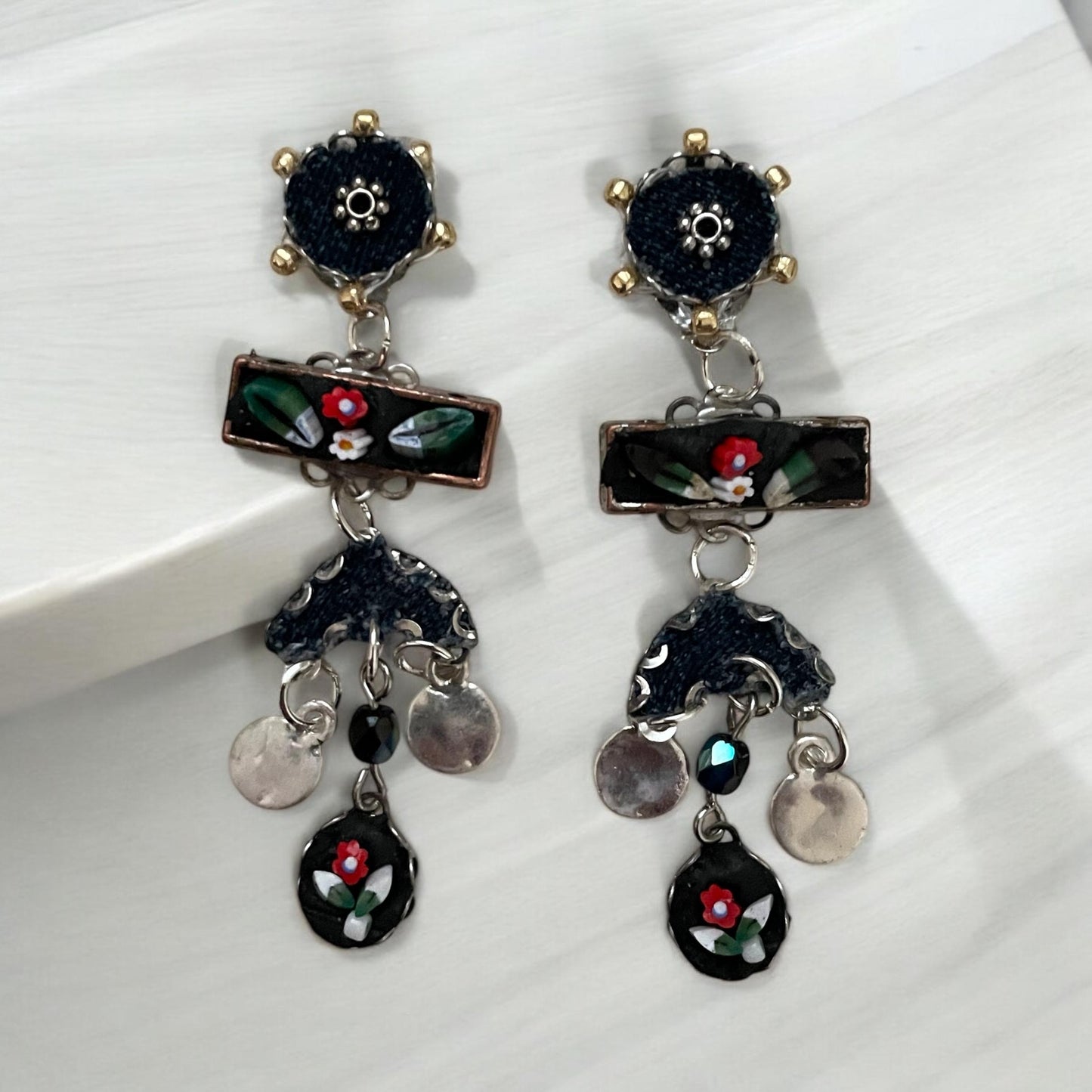 Micro Mosaic Dangle Earrings: Italian Folk Art Design (Sterling Silver)