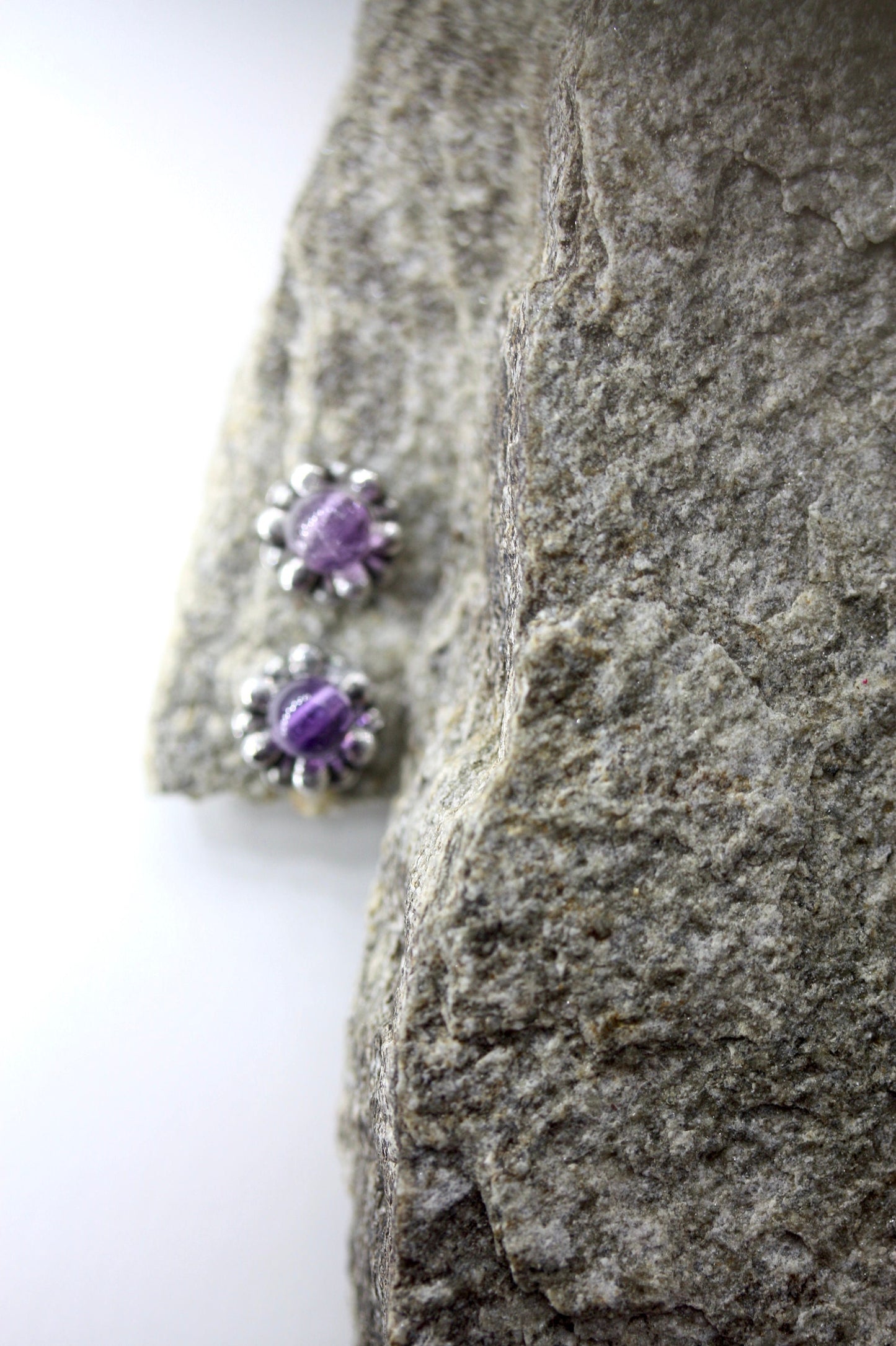 Tiny barely-there purple amethyst in silvertone circle minimalist stud earrings