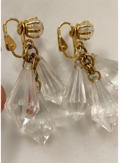 Vintage Clear Acrylic Prism Clip-On Earrings | Mid Century Chandelier Earrings | Faceted Lucite Style Statement Earrings