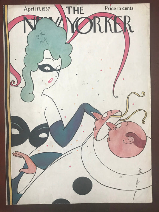 Rare - April 17, 1937 - The NEW YORKER Magazine original cover by Rea Irvin - masquerade party, removing a mask - please read description