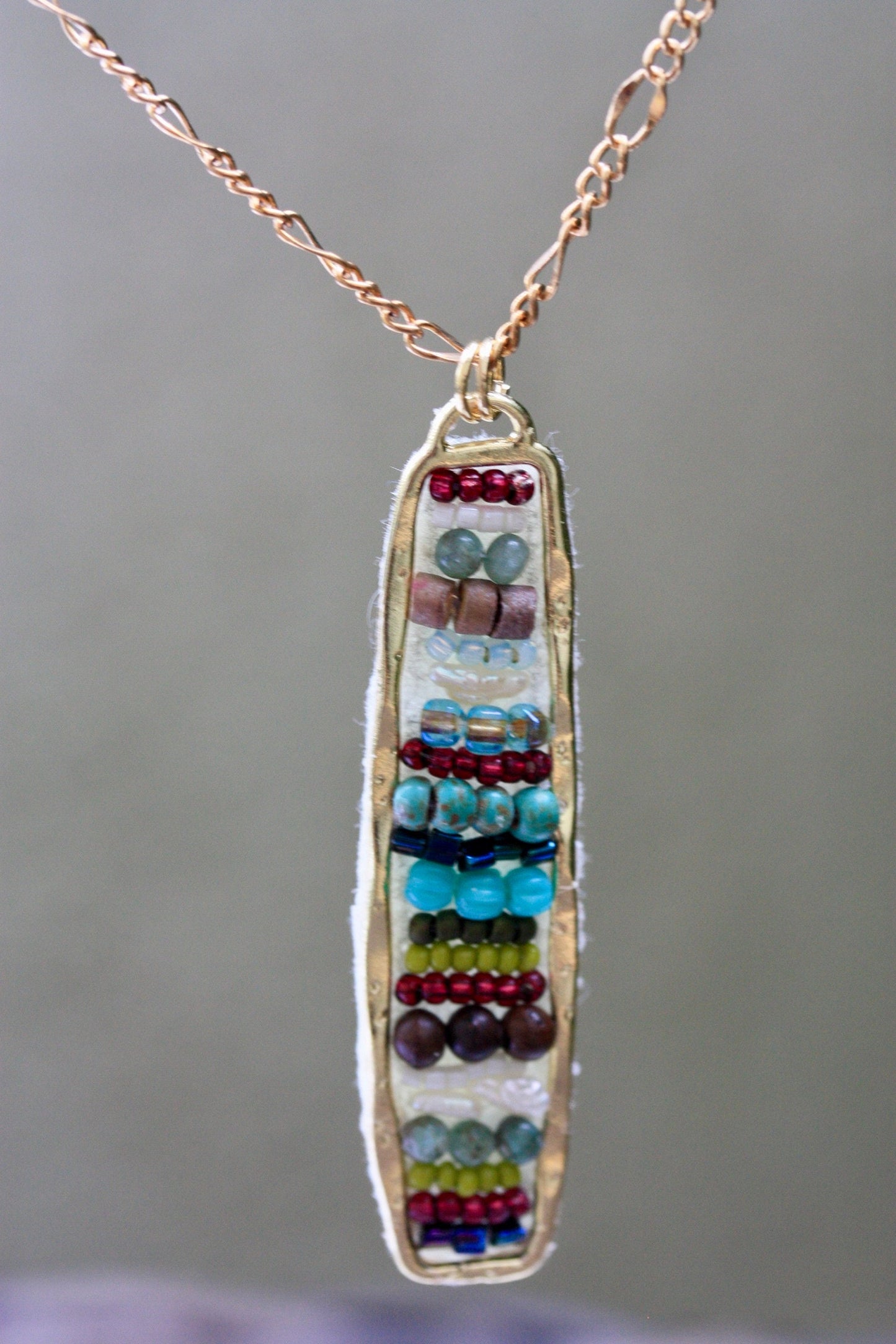 Hand beaded mixed material necklace - baroque pearl, glass, wood, metal, turquoise