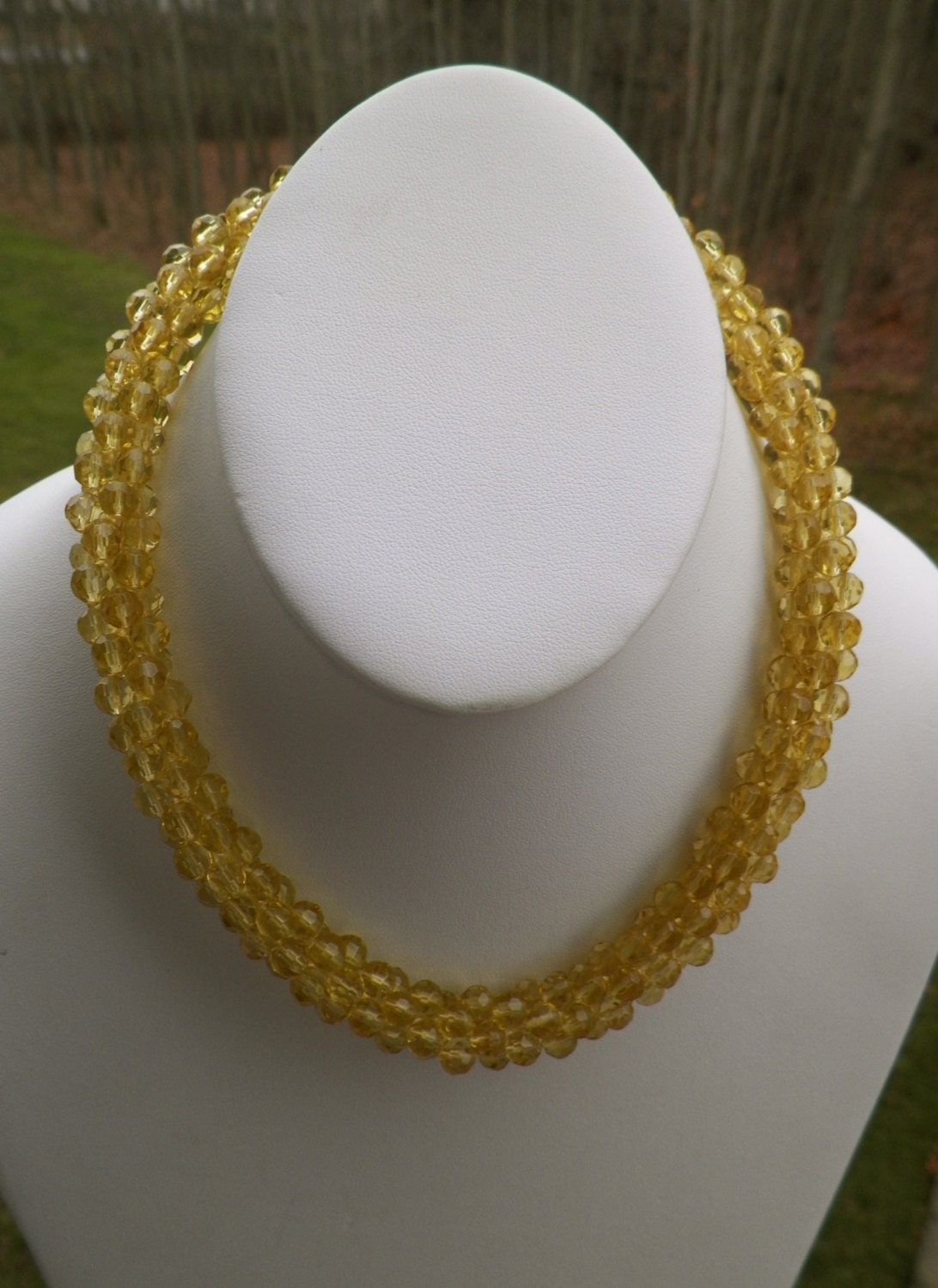 Honey colored faceted glass stunning bead crochet necklace