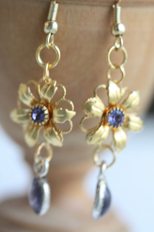 Handmade earrings - made up of vintage & new components - gold flowers with purple rhinestones and purple dangles