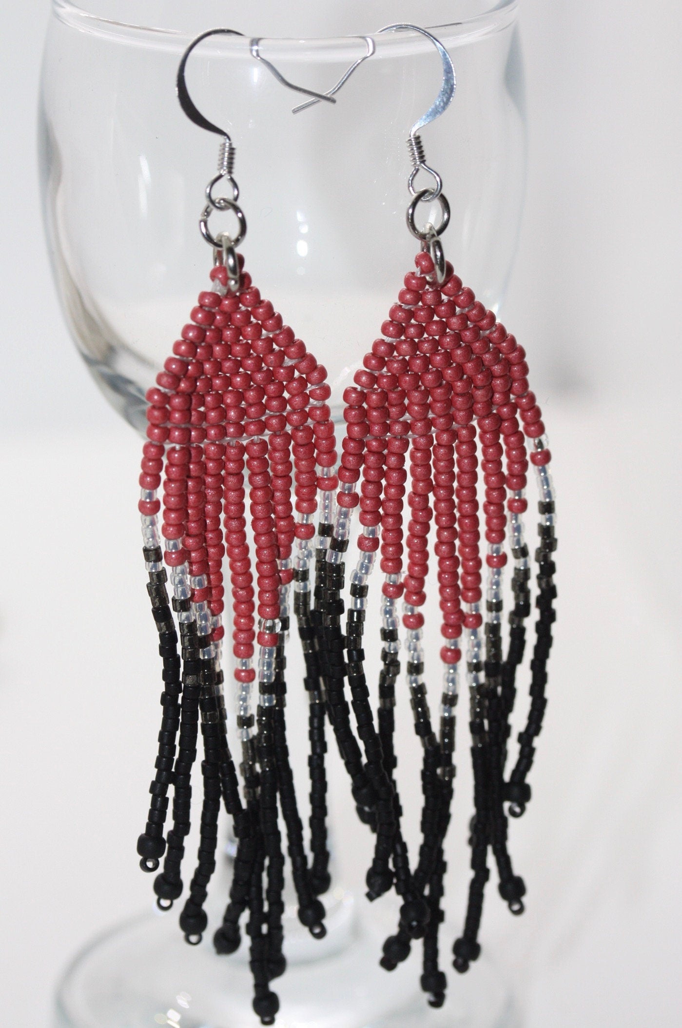 Hand beaded Native-American-Style stunning dangle beadwork earrings - pink, silver and black