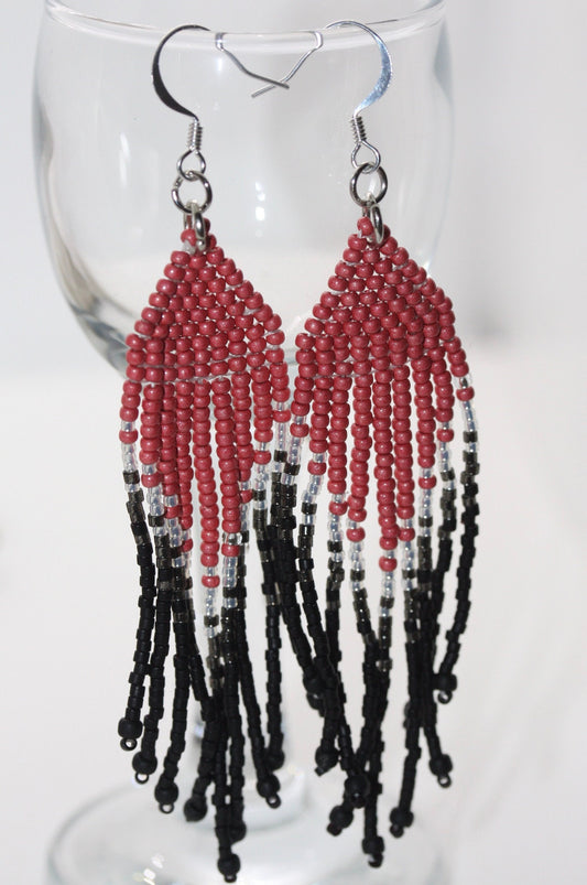 Hand beaded Native-American-Style stunning dangle beadwork earrings - pink, silver and black