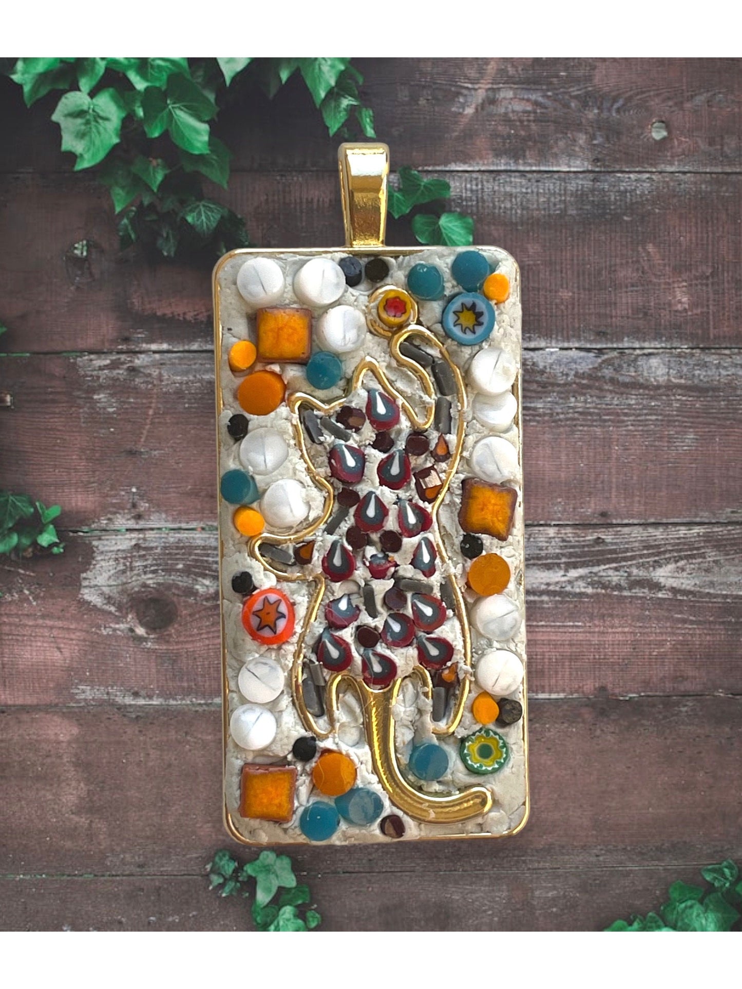 Handmade mixed material micro mosaic cat necklace - made from hand cut millefiori glass and tiles