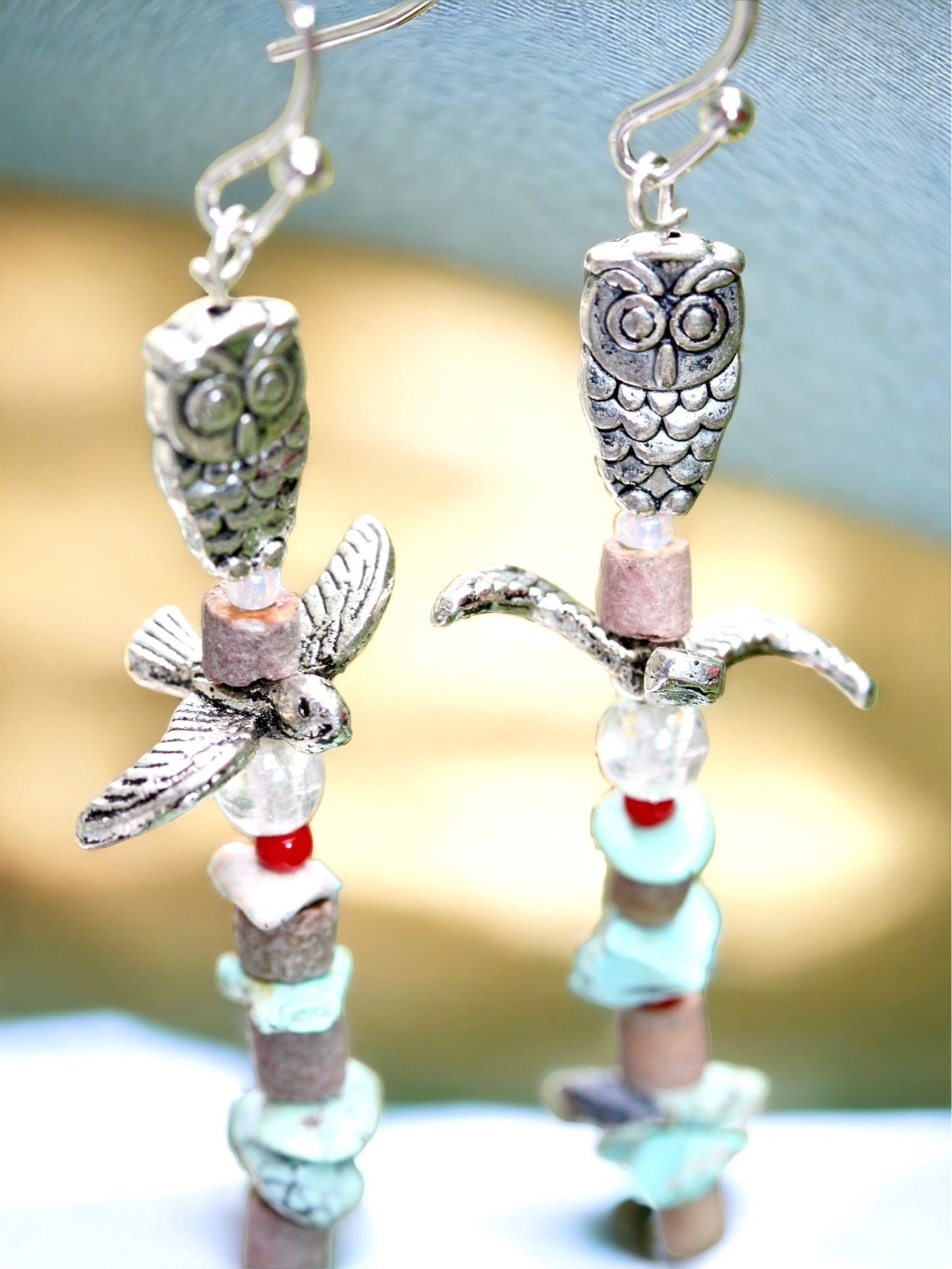 Owl and bird "totem pole" beaded earrings