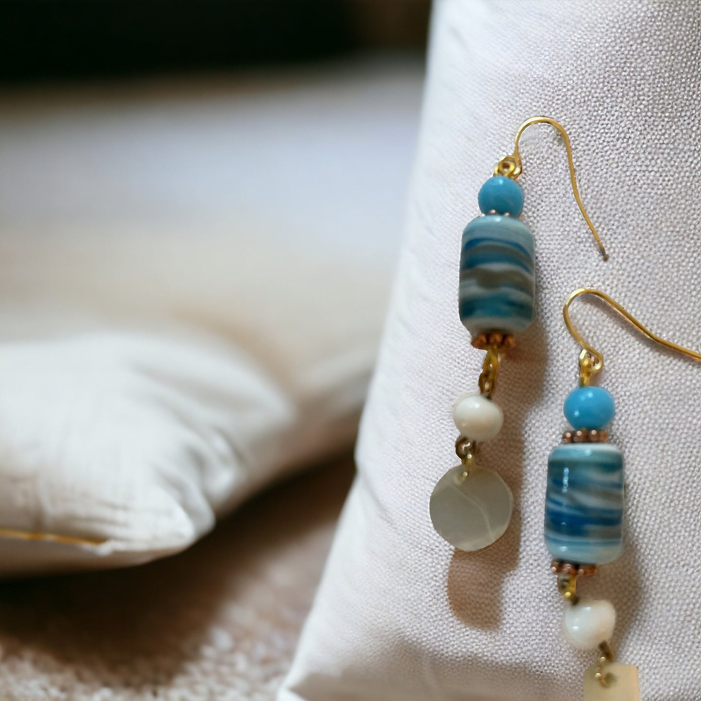 Shades of blue swirled glass with mother of pearl dangles - handmade earrings