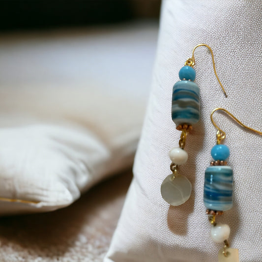 Shades of blue swirled glass with mother of pearl dangles - handmade earrings