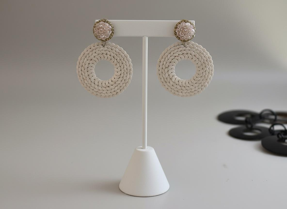 Vintage Cream Sequined Clip-On Hoop Earrings – 3" Statement Dangles Glam