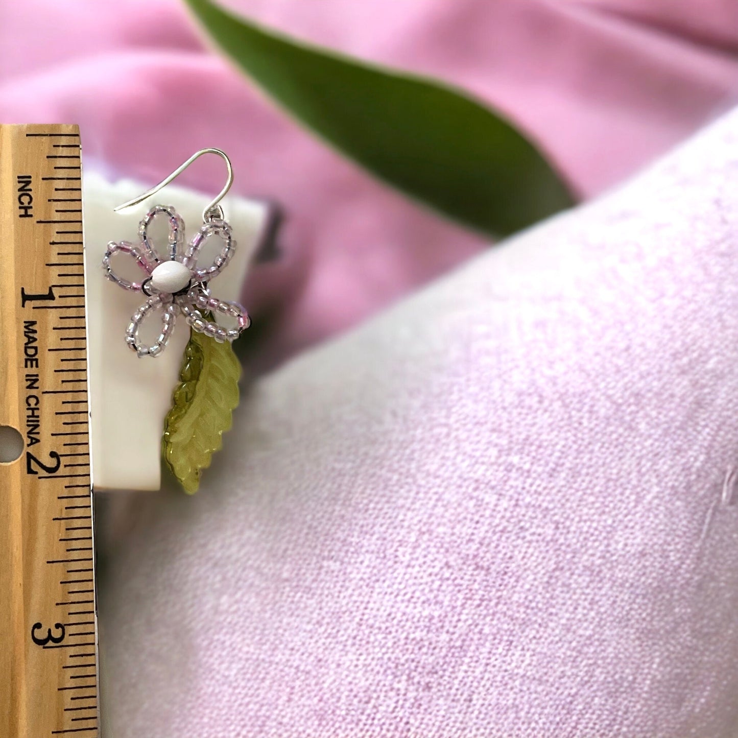 French beaded flowers with glass leaves dangle earrings