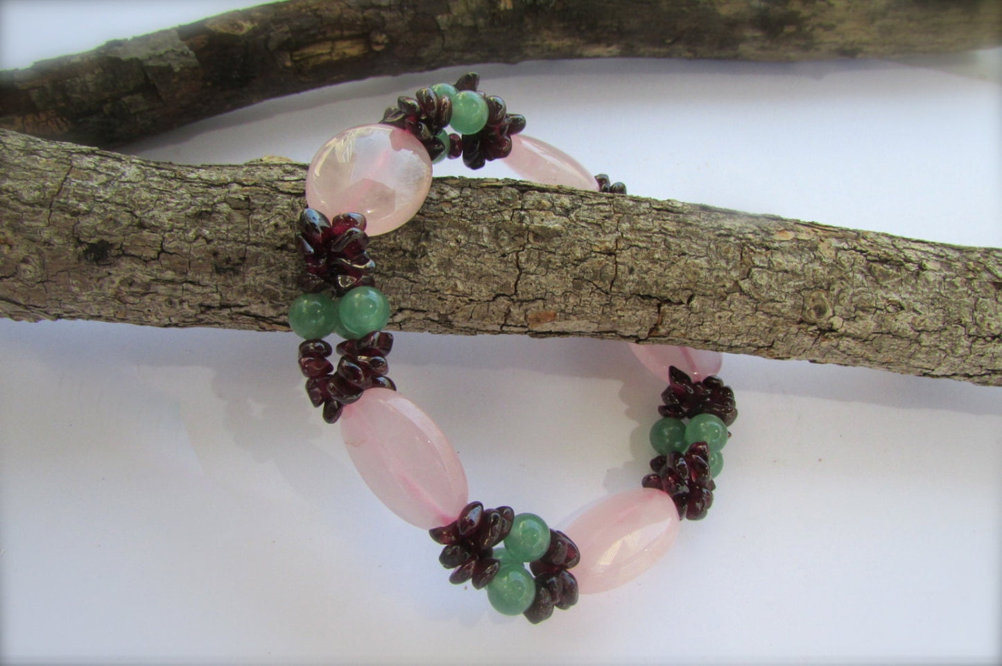 Vintage beadwoven gemstone bracelet - pink quartz, garnet and more
