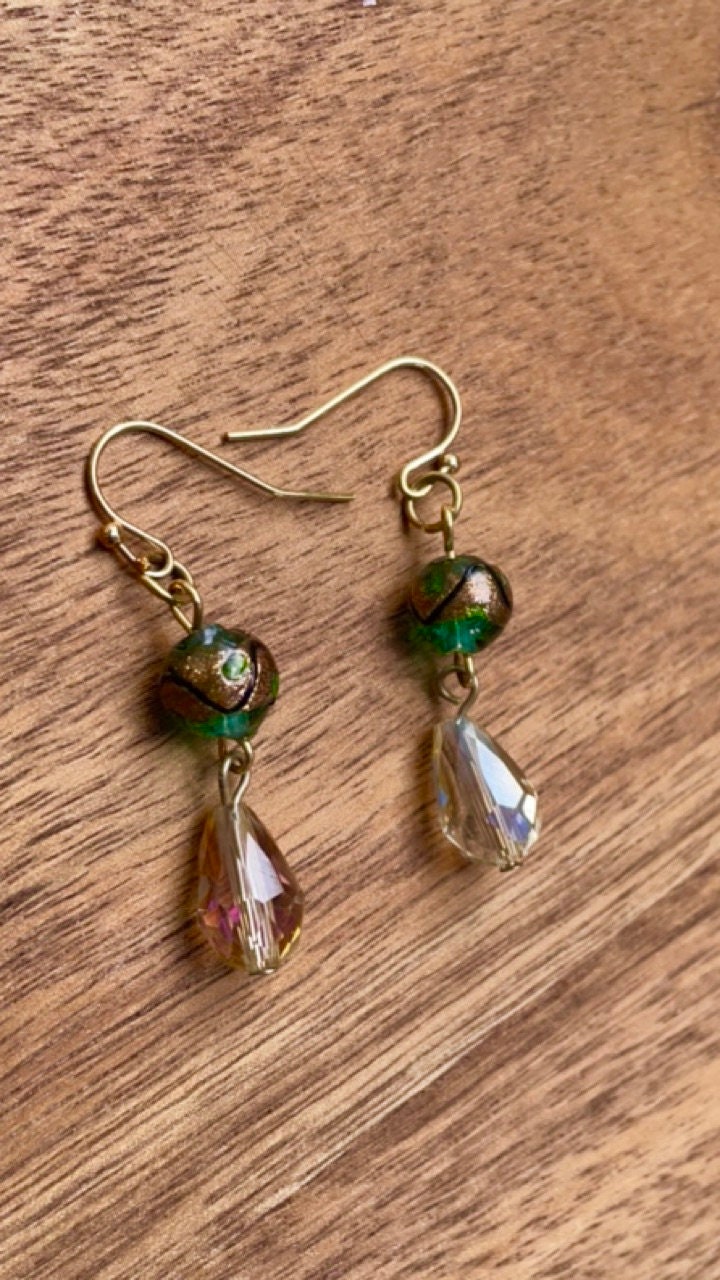 Handmade dangle earrings with green and gold art glass and faceted crystals