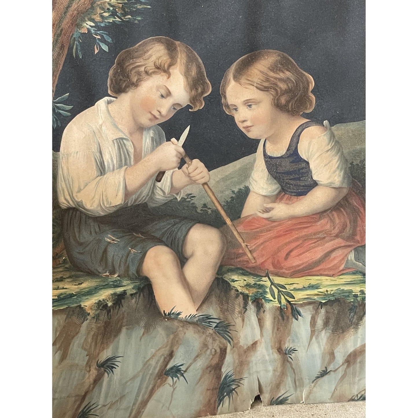 Antique Victorian Chromolithograph Print After Johann Baptist Hengartner | The Young Artists | 19th Century Wall Art | Child Pastoral Scene