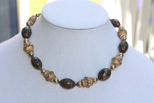 Rare Crown Trifari 1950's Murano Glass Beaded Etruscan Style Necklace - green and gold