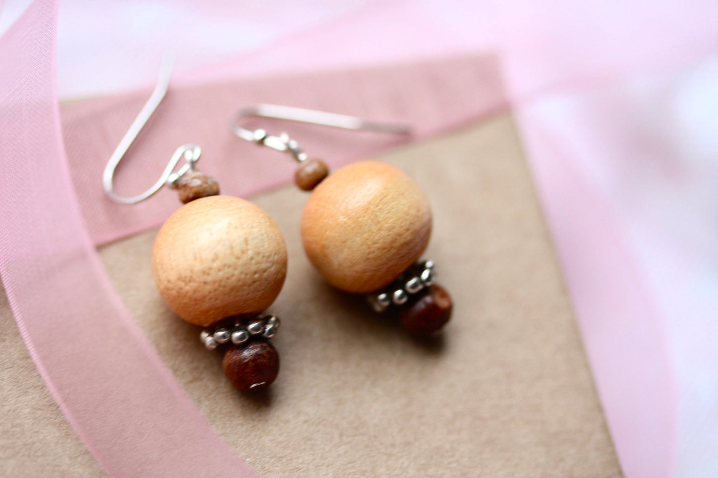 Handmade dangle earrings made with vintage wooden beads