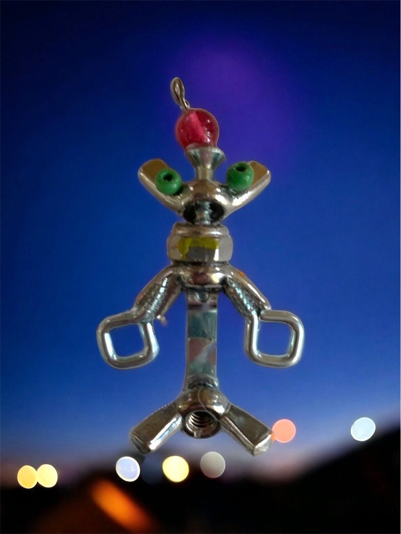 Meet "Herman" -  mixed media robot made of hardware - nails, screws, bolts with small wood/glass embellishments - pin or necklace pendant