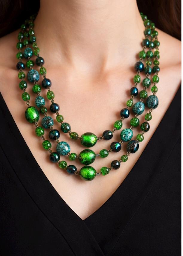 Vintage Emerald Green Glass Necklace, 3 Strand Art Deco Style Statement Necklace, Foil Glass & Turquoise Look Synthetic Beads