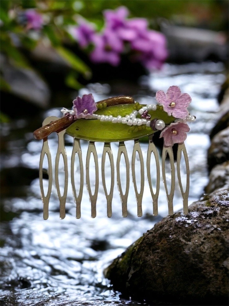 Mixed material hair comb - one-of-a-kind handmade beadwork with upcycled vintage fabric flowers, green "leaf" and branch