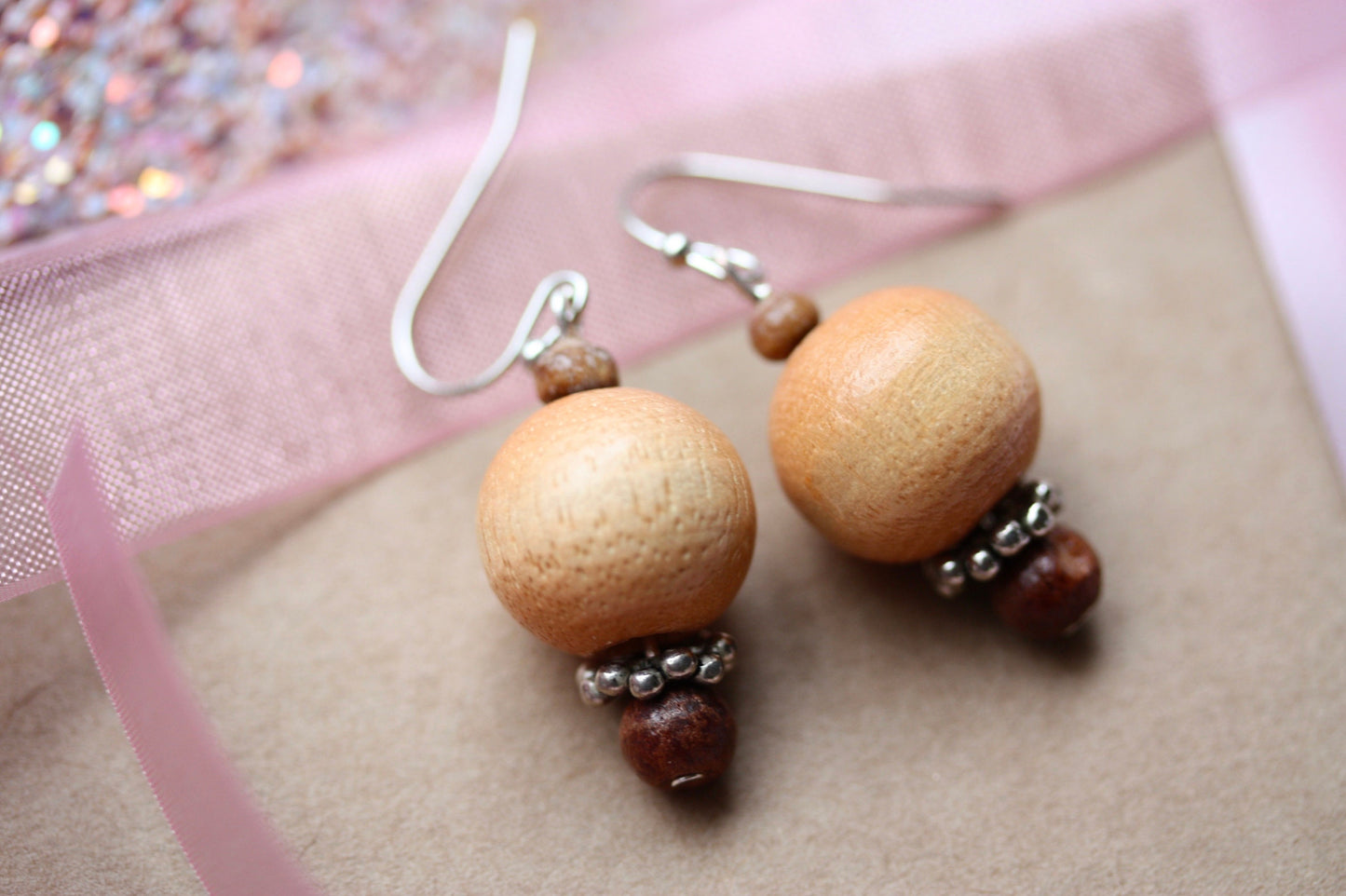 Handmade dangle earrings made with vintage wooden beads