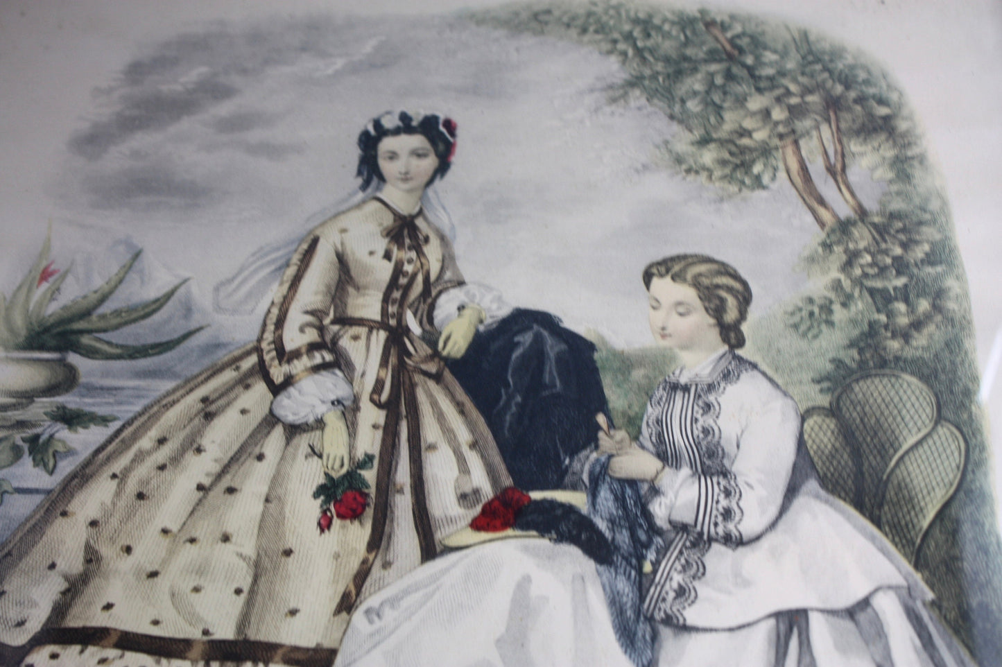 Framed antique FRENCH FASHION PLATE La Mode Illustree 1862 Fashion Illustration - 21" x 17" - Antique Fashion Print