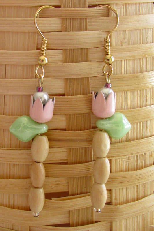 Handmade pink tulip earrings with wood oval puff beads pink enamel tulips, glass leaves and faux pearl centers