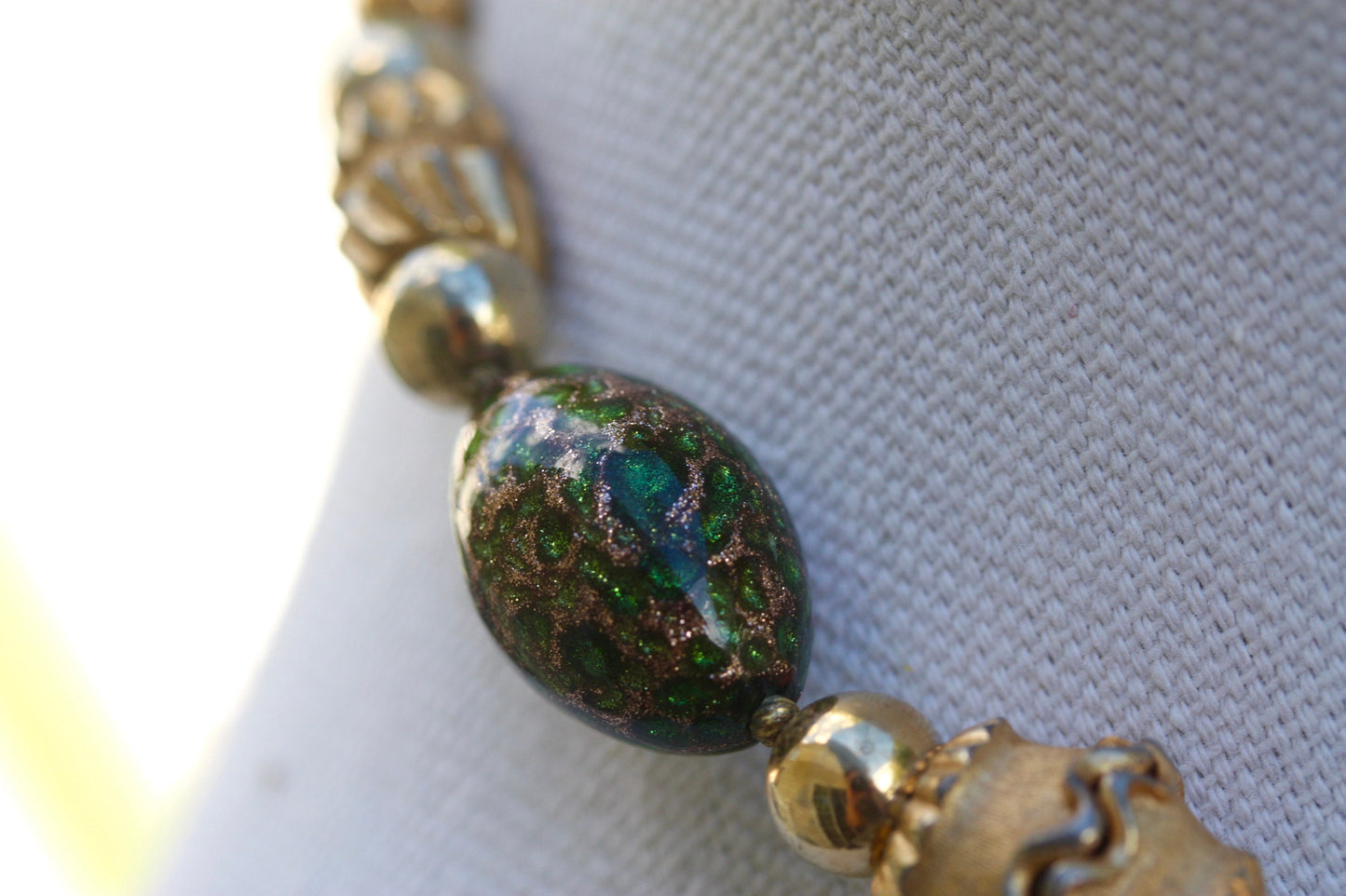 Rare Crown Trifari 1950's Murano Glass Beaded Etruscan Style Necklace - green and gold