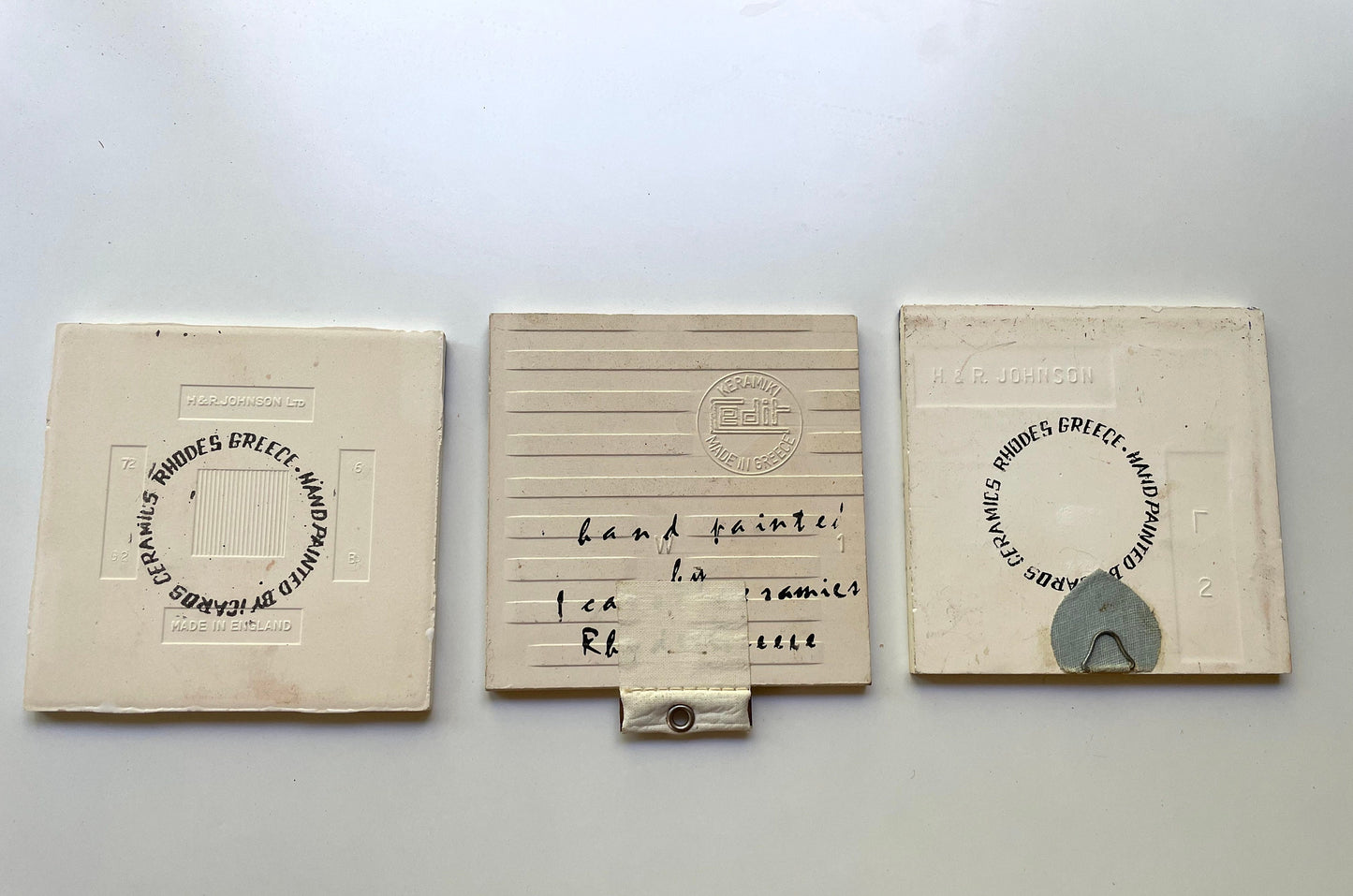 Set of 3 stunning vintage handmade IKAROS RHODES POTTERY tiles from Rhodes Greece - Icaros and H&R Johnson - 4"