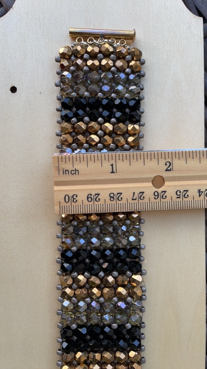 Black, silver and copper crystals absolutely stunning bead woven vintage bracelet - beadwork bracelet