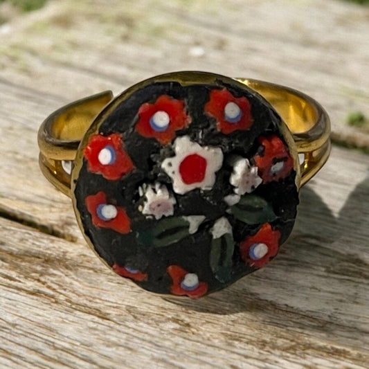 Handmade micro mosaic adjustable ring - Italian inspired - hand cut glass with millefiori flowers