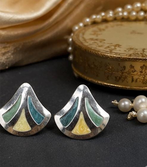 Vintage Art Deco Style Fan Earrings | Marbled Teal & Ivory Acrylic | Silver Tone Geometric Post Earrings | 1980s Statement Jewelry
