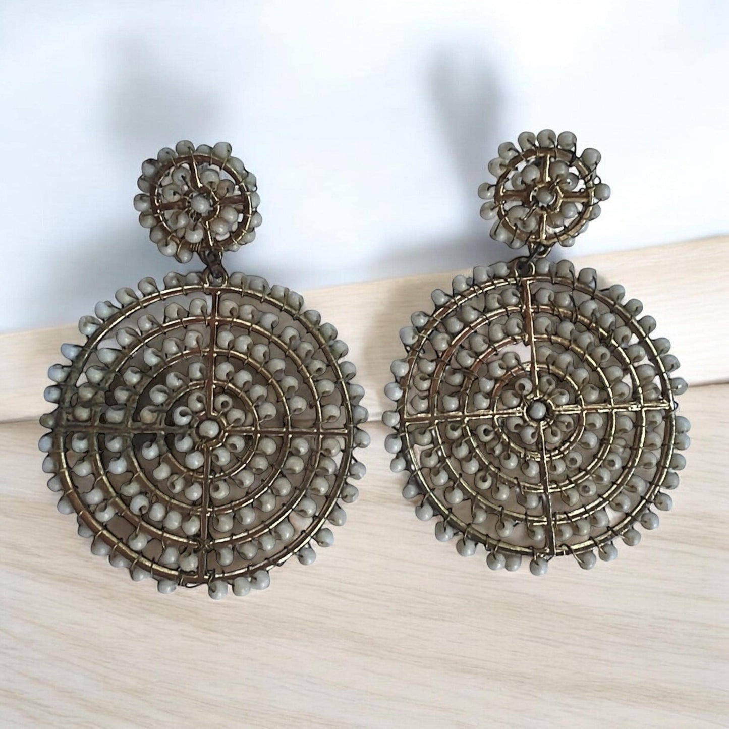 Boho Statement Earrings | Wire Wrapped Beaded Circle Earrings | Large Tribal-Inspired Drop Earrings, white beaded oversized hoops
