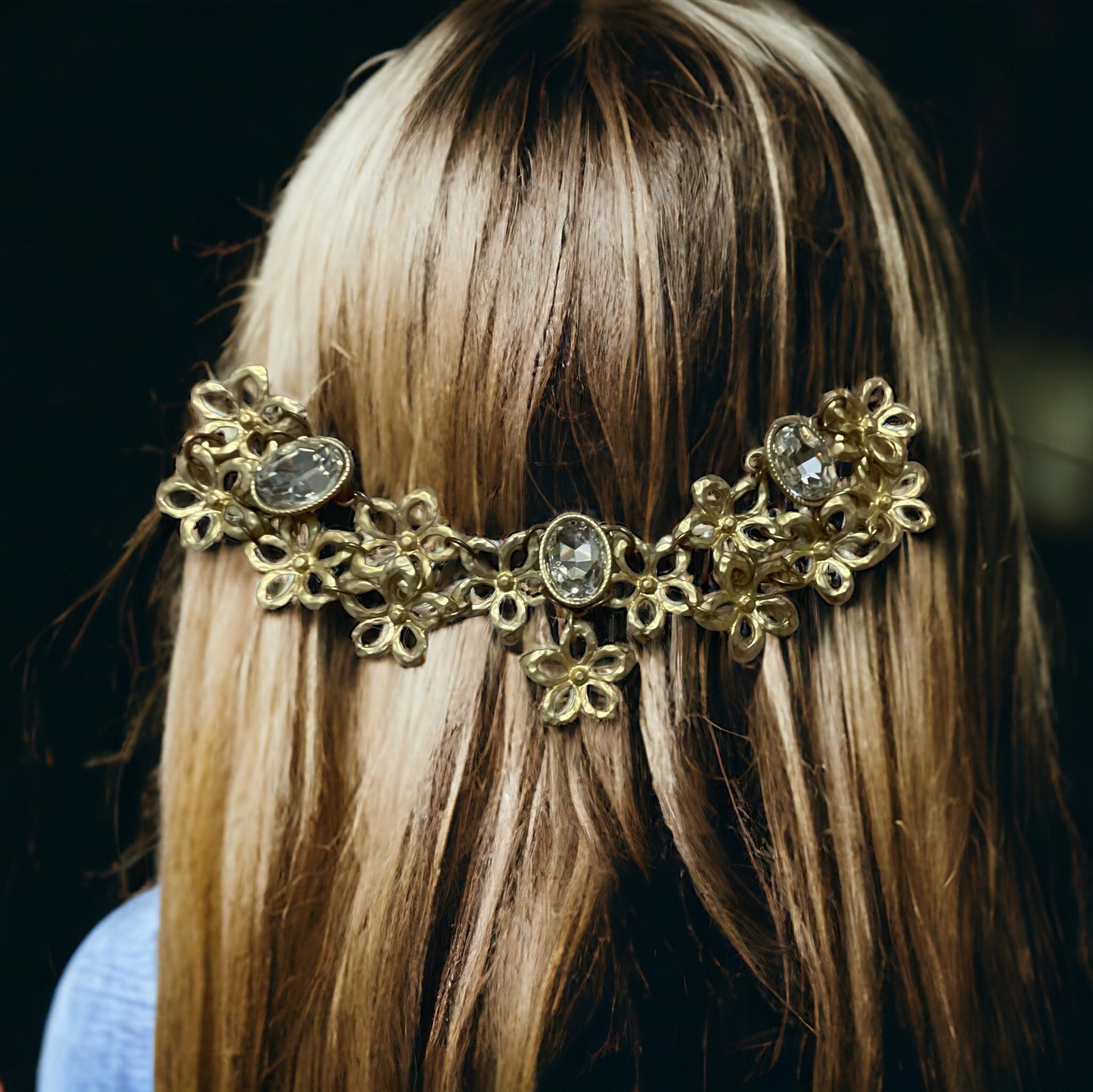 Mixed material upcycled hair accessory - hair clip - gold metal flowers and rhinestones