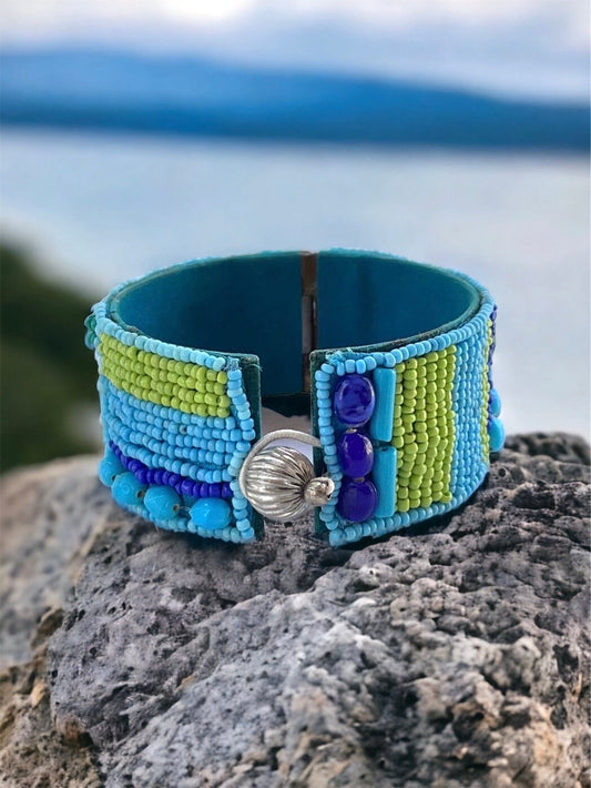 Stunning and unique vintage seed bead and mixed material vintage bracelet - shades of blue - made by Sally C