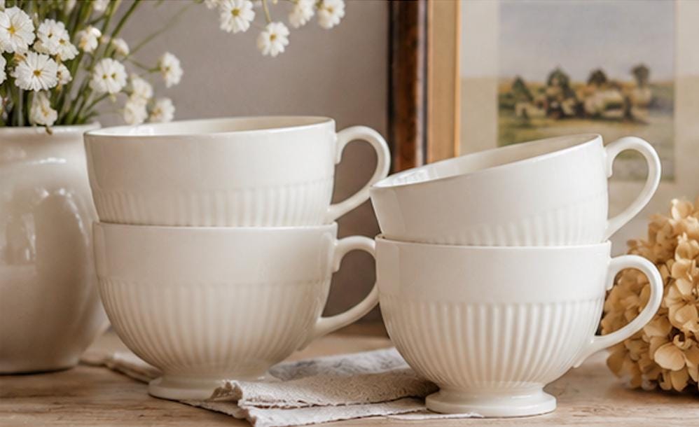 Vintage Wedgwood England White Ribbed Coffee Cups, English Cottage Kitchen Cups, Minimalist Ironstone Style Mug Sets
