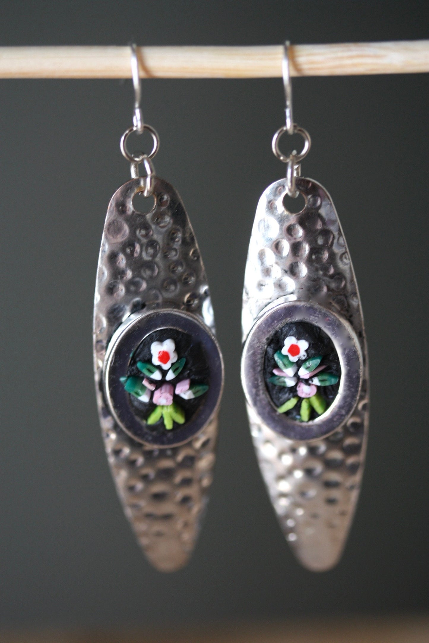 My handmade inlaid micro-mosaic on upcycled vintage hammered metal earrings - with sterling silver ear wires
