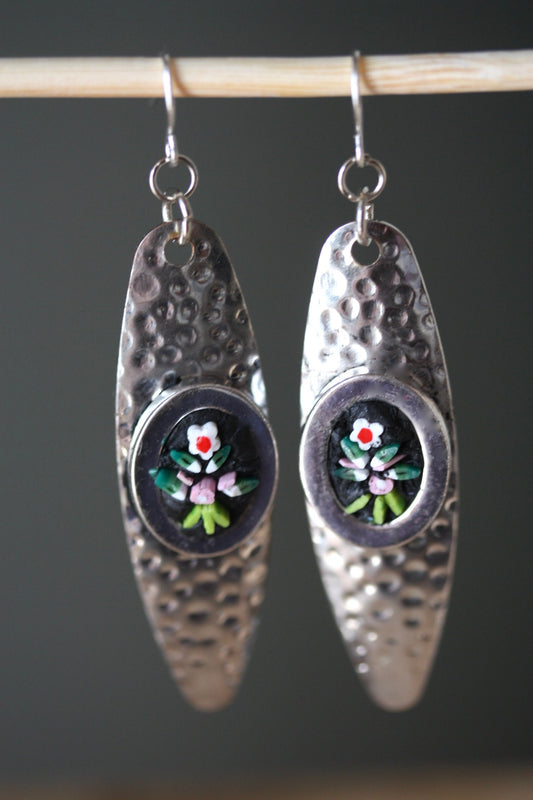 My handmade inlaid micro-mosaic on upcycled vintage hammered metal earrings - with sterling silver ear wires