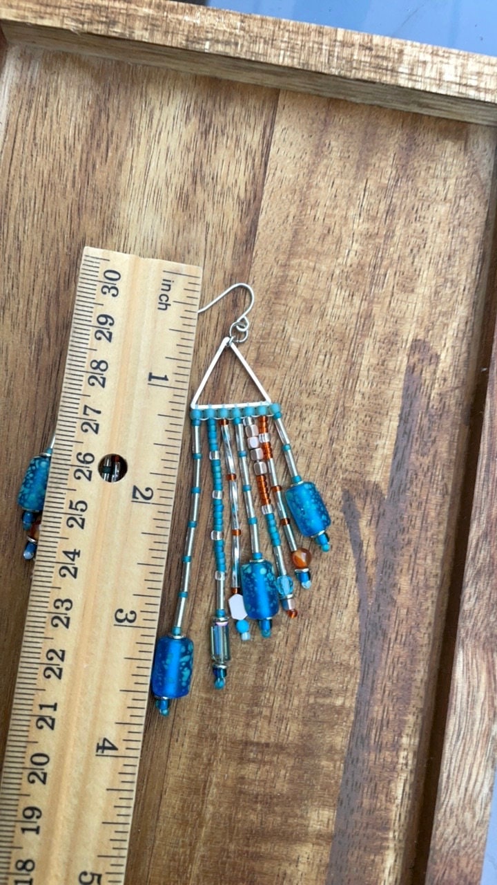 Hand beaded stunning dangle mixed material long statement beadwork earrings - art glass, crystal, metal, semi precious stone, seed beads