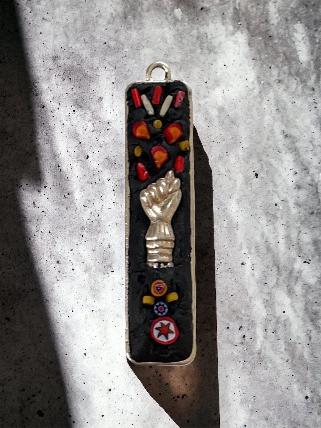 Mixed Material Mosaic Necklace: Floral Millefiori, metal hand