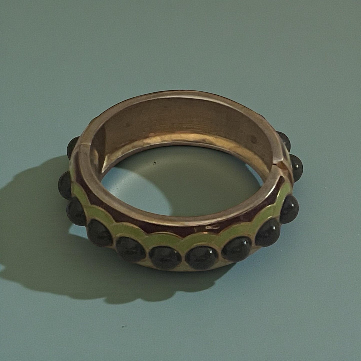 Vintage Green Enamel Clamper Bracelet with Black Cabochon Stones | Gold Tone Hinged Bangle | Retro Statement Jewelry