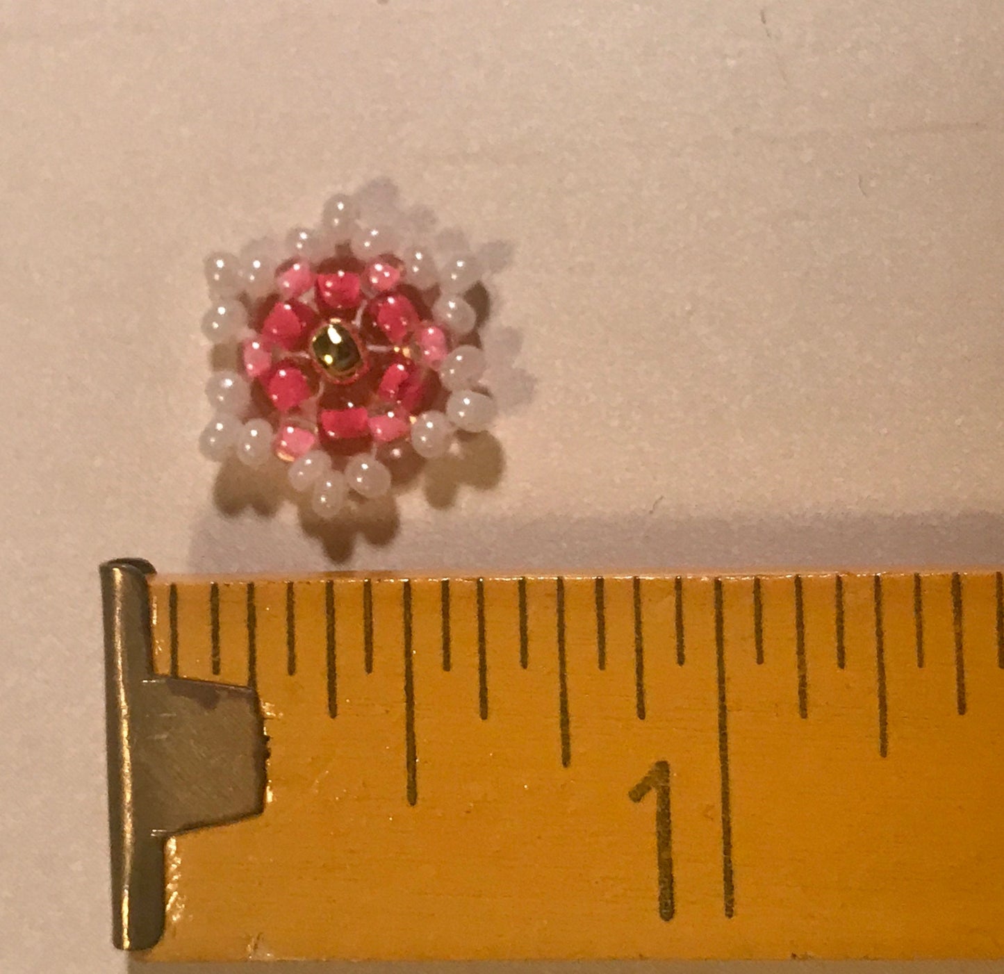 Tiny little hand beaded stud earrings - shades of pink and cream with goldtone center