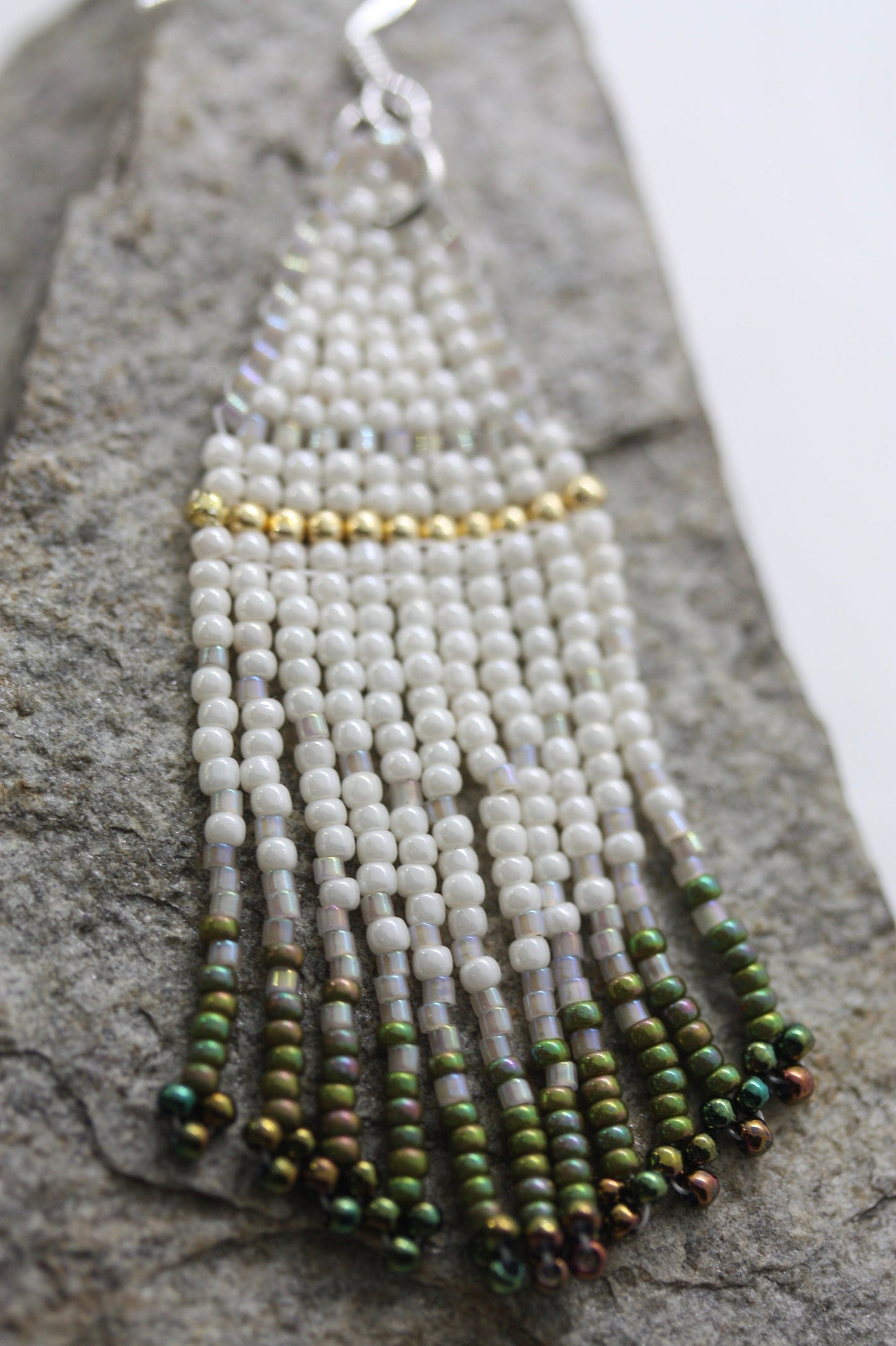 Hand beaded Native-American-Style stunning dangle beadwork earrings - shades of green and white with touches of silver crystal and gold