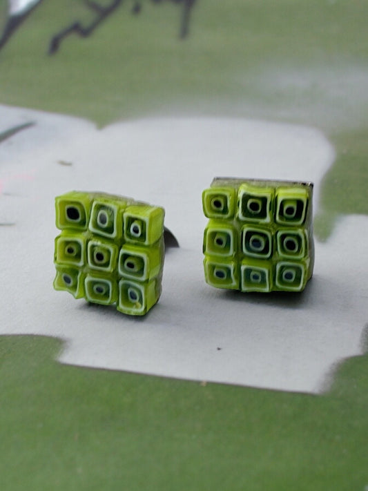 Small handmade lime green squares micro mosaic glass half-inch stud earrings