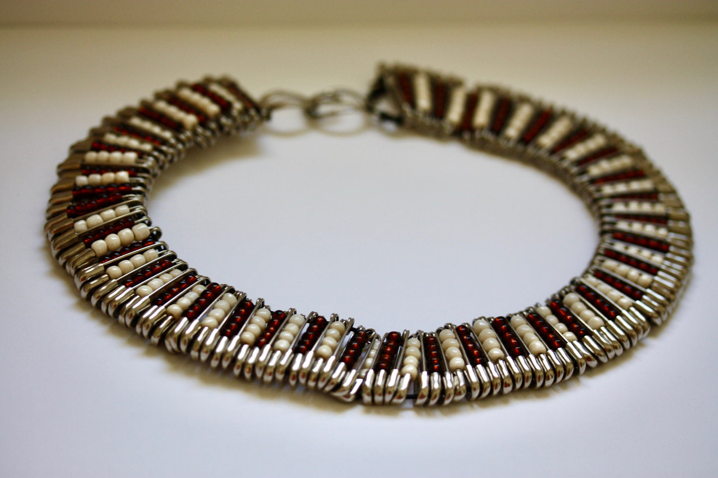Stunning and unique vintage necklace - made of brown and cream glass seed beads and safety pins - statement jewelry - statement necklace