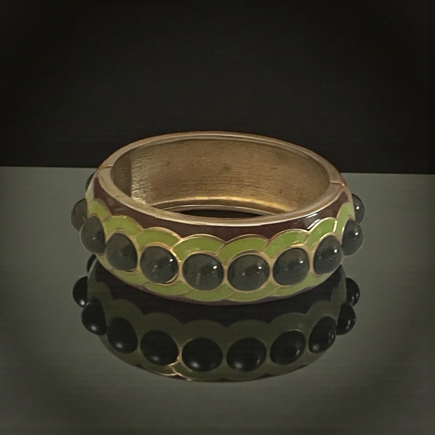 Vintage Green Enamel Clamper Bracelet with Black Cabochon Stones | Gold Tone Hinged Bangle | Retro Statement Jewelry