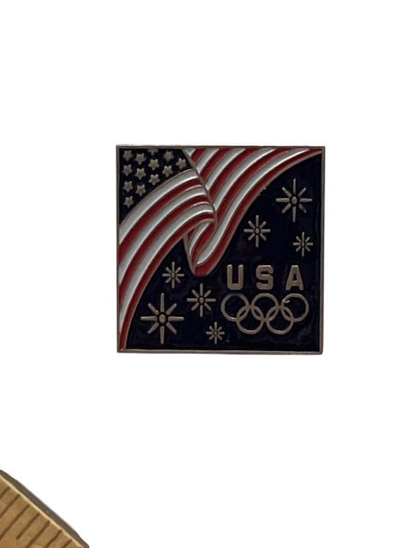 USA Olympic Enamel Pin – Aminco – American Flag & Olympic Rings – 1”