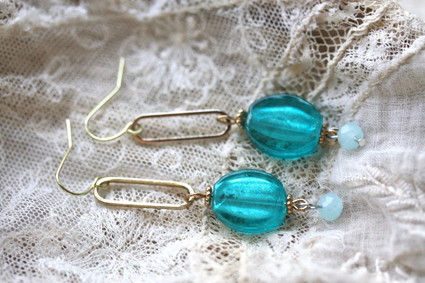 Turquoise glass and gold metal drop earrings