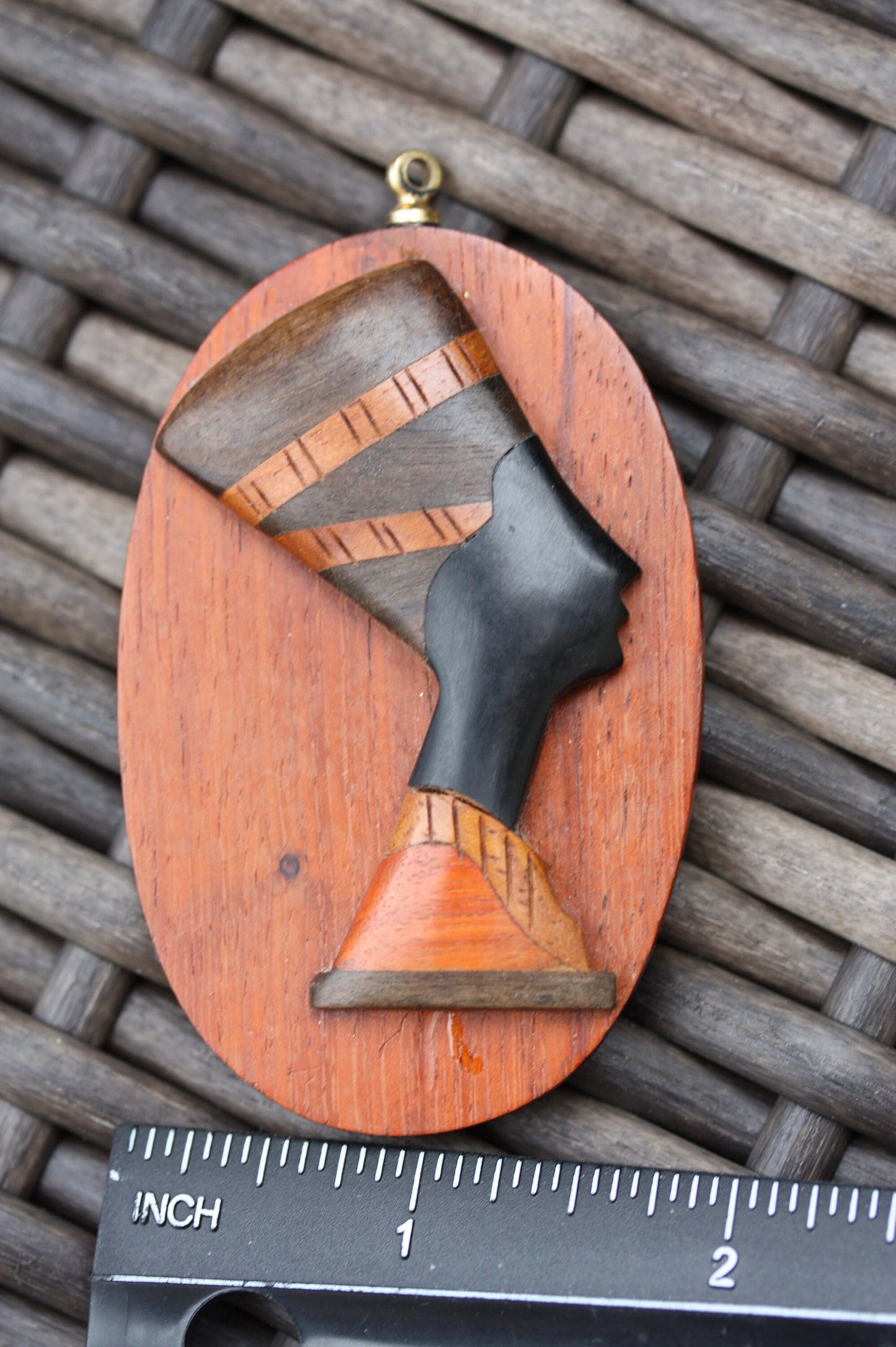 Stunning vintage inlaid wood carved sculptural African woman necklace pendant