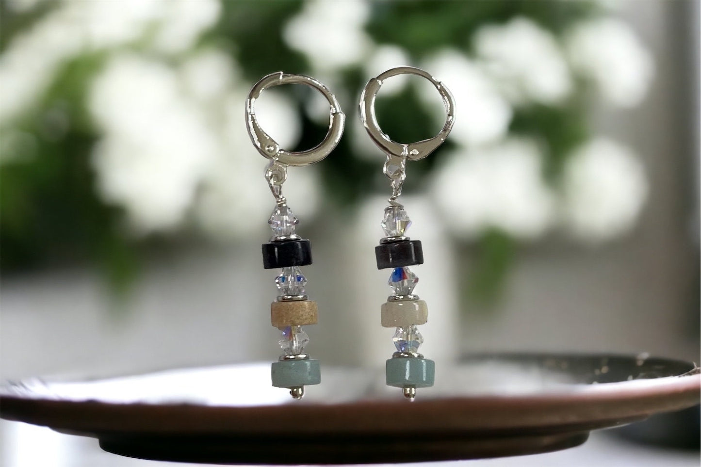 Handmade dangle earrings - turquoise, cream and black stone interspersed with Swarovski crystals - huggie ear wires